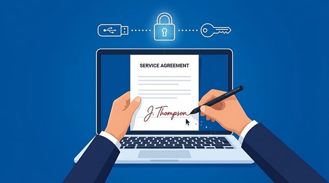Hands signing service agreement on laptop screen