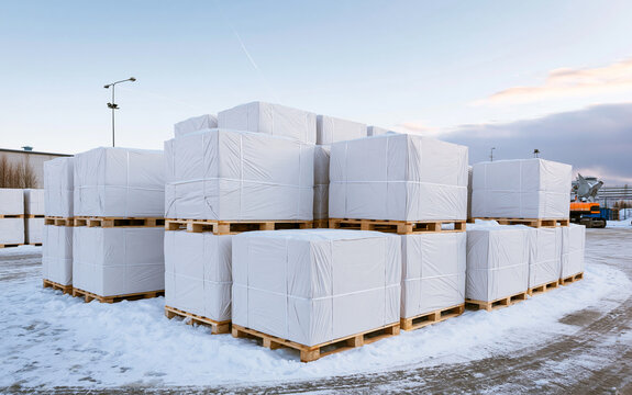 Stacked wooden pallets wrapped in white protective plastic film sit in snowy outdoor warehouse area. Large industrial cargo loads wrapped for winter protection wait for transport.