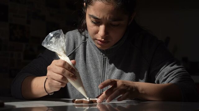 Young Woman Decorating Christmas Cookie with Icing Piping Bag