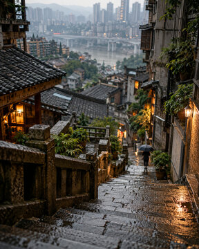 Rain-darkened stone steps climb a steep old Chongqing lane past weathered railings and layered homes, receding into atmospheric background blur.