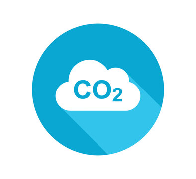 Co2 carbon dioxide chemical formula text inside a white cloud shape on a solid blue circular background icon