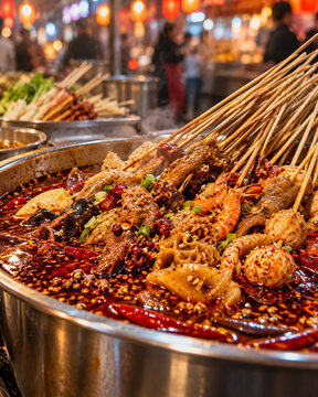Chongqing chuanchuan skewers crowd a bubbling spicy pot, coated with deep red chili oil, peppercorns and sesame against soft night-market bokeh.