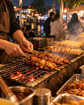 Vendor turns sizzling meat and vegetable skewers above red coals at a lively Changzhou-style night market, with steam and glowing stalls out of focus.