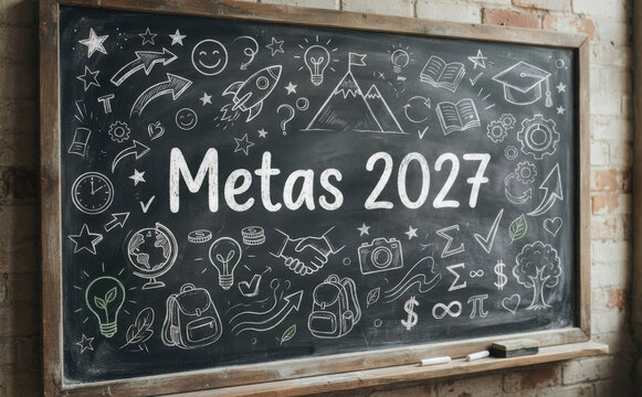 Metas 2027 escrito en pizarra con dibujos y conceptos de planeacion educativa y organizacion futura