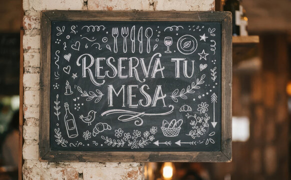 Reserva tu mesa, letrero de pizarra para restaurante, bar y cafeteria, concepto de hospitalidad gastronomia y servicio de reservas