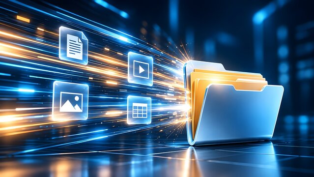 Futuristic digital folder with glowing light streaks and flying multimedia icons representing high speed data transfer processing and cloud storage solutions