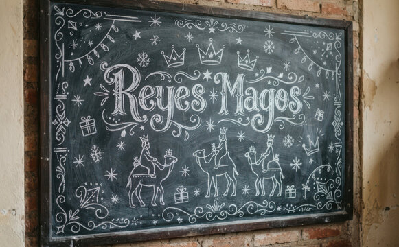 Reyes Magos pizarra con tiza dibujo navidad festividad tradicion religiosidad decoracion escolar