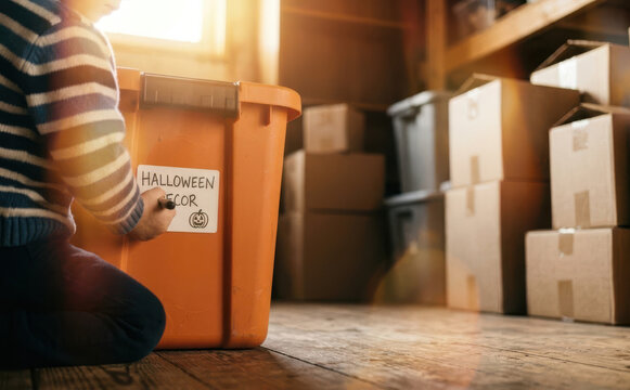 Young boy writing Halloween Decor on a storage box in a warehouse full of cardboard boxes