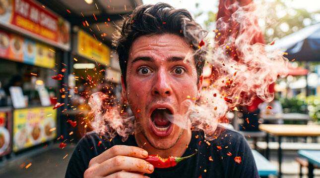 Shocked young man face wide open mouth looking straight ahead explosive red pepper sparks dramatic smoke cloud particles blast crazy spicy food challenge concept intense emotion portrait photo