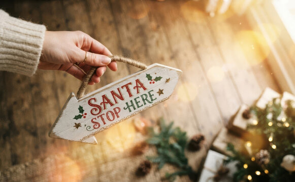 Woman holding Santa stop here Christmas sign indoors near festive tree holiday decoration
