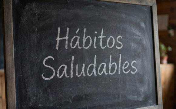 H&aacute;bitos Saludables escrito en pizarra para estilo de vida bienestar y salud