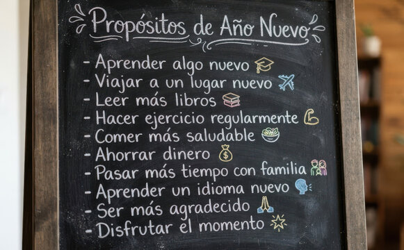 Prop&oacute;sitos de A&ntilde;o Nuevo escritos en pizarra para metas y motivaci&oacute;n personal