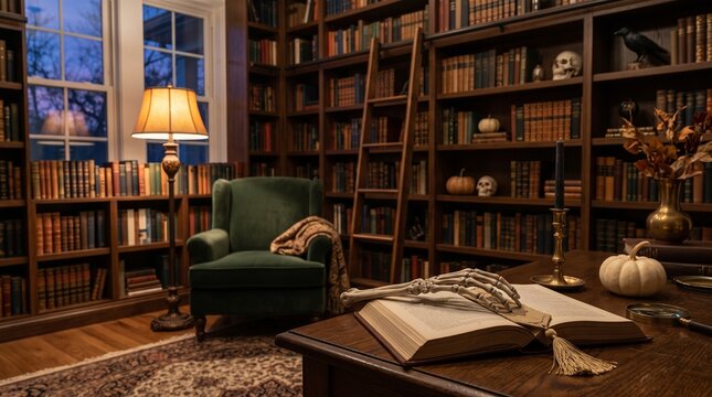 Spooky Halloween Library Scene with Skeleton Hand on Open Book and Pumpkins