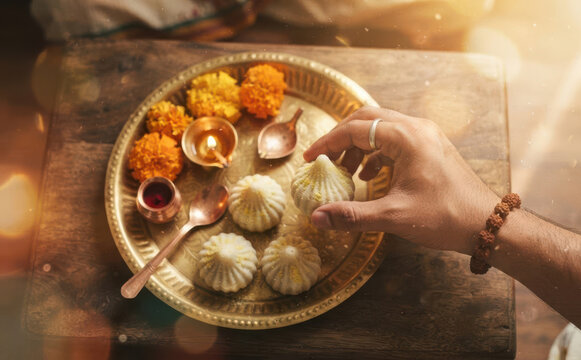 Hindu man offering sweet modak on brass thali with diya and marigold flowers during festival worship