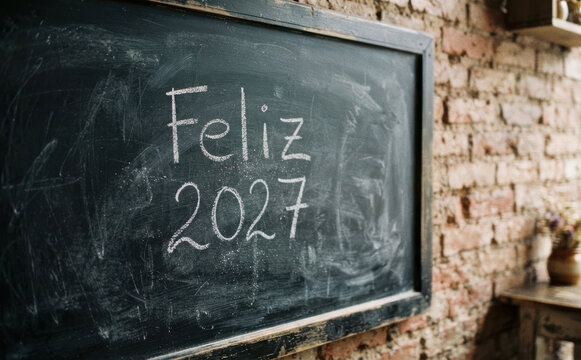 Feliz 2027 escrito con tiza en pizarra para celebracion de ano nuevo y mensaje motivacional