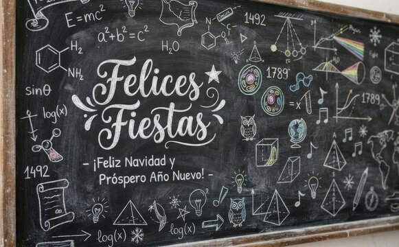 Felices Fiestas pizarra escolar con formulas cientificas y saludos navide&ntilde;os educacion ciencia