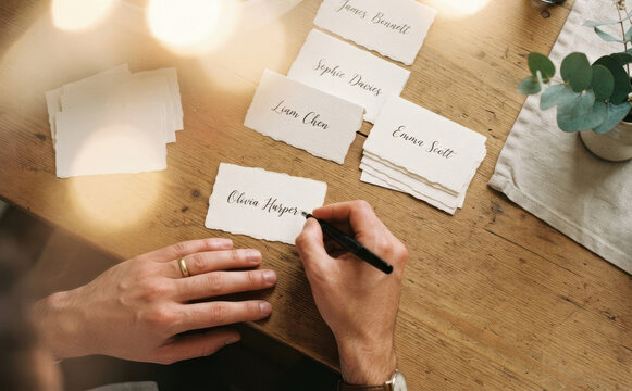 Person writing place cards for a wedding at a wooden table with calligraphy pen and handmade paper
