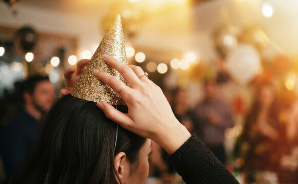 Young woman putting on a sparkly gold party hat celebrating New Year Eve with friends in a festive celebration