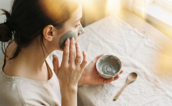 Young caucasian woman applying natural clay face mask in morning light for skincare routine