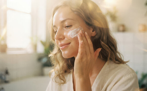 Young woman applying moisturizing face cream and smiling during her daily morning skincare routine in a bright bathroom