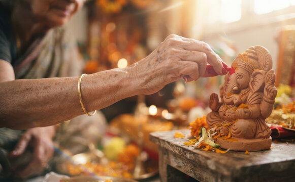 Elderly Indian woman performing prayer ritual with clay Ganesha idol during Hindu worship at home
