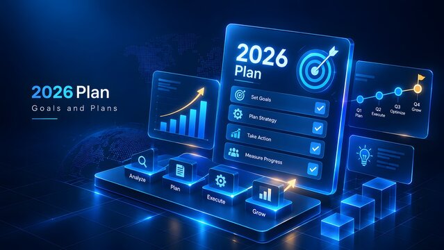 Digital 2026 business plan interface displaying strategic goals checklist, quarterly growth roadmap, analytics charts, and action steps on glowing blue platform