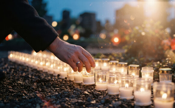 Person placing a memorial candle at a cemetery during evening remembrance vigil for loss and grief