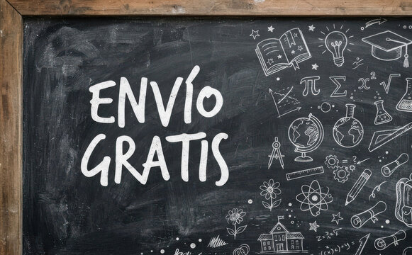 ENVIO GRATIS en pizarra escolar con iconos educativos y de ciencias, concepto de educacion, aprendizaje y envio gratis para tiendas online