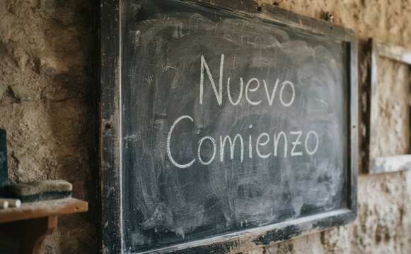 Nuevo Comienzo escrito en pizarra. Concepto de esperanza, motivacion, cambio de vida y nuevo ciclo en educacion y desarrollo personal.