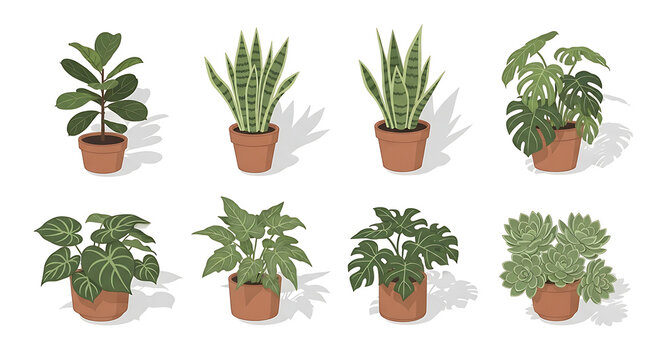Diverse Collection of Potted Houseplants Including Snake Plant Monstera Succulents and Fiddle Leaf Fig on White for Home Decor