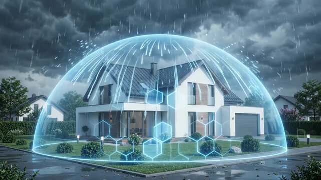 Modern suburban house protected by glowing blue digital dome during heavy rainstorm. Smart home security, climate resilience and futuristic property protection concept