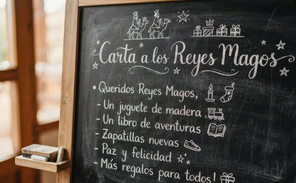 Carta a los Reyes Magos en pizarra para Navidad y peticiones de regalos infantiles