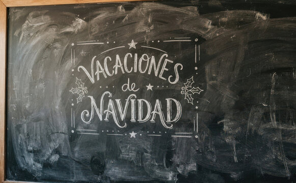 Vacaciones de Navidad mensaje escrito a tiza en pizarra escolar dise&ntilde;o festivo para educaci&oacute;n y proyectos navide&ntilde;os