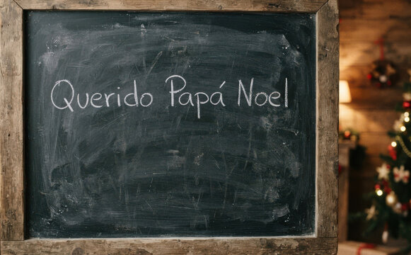 Querido Papa Noel en pizarra escolar de Navidad con decoracion festiva para cartas de deseos y regalos
