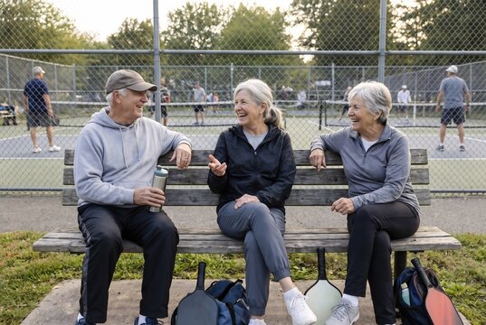 Senior friends talking and laughing on park bench after pickleball match, active seniors social life concept