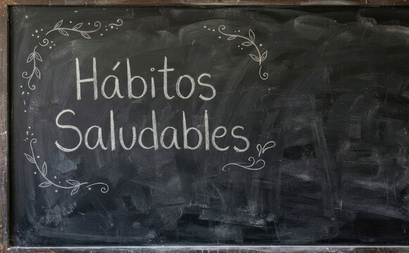 H&aacute;bitos Saludables escrito en pizarra. Concepto de bienestar, salud, estilo de vida y educaci&oacute;n