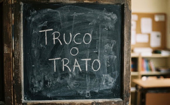 Truco o trato escrito en una pizarra de tiza, concepto de halloween y celebracion escolar en education
