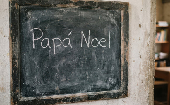 Papa Noel escrito con tiza en un pizarron escolar para celebracion navidena y educacion infantil