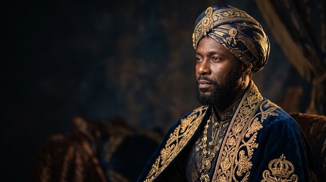 A regal Black man in ornate blue and gold attire, resembling a wise king from the East, possibly representing one of the Three Kings