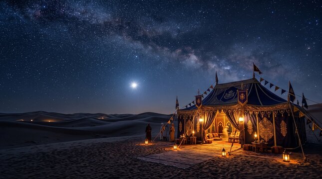 Three Kings Day desert caravan camp under starry night sky with illuminated tent and distant lights