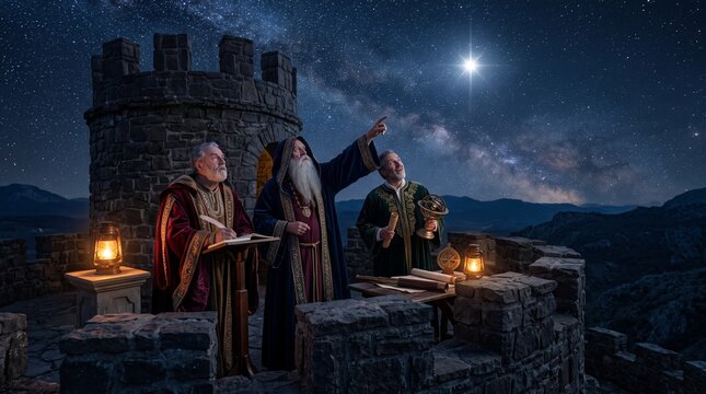 Three Wise Men observe the Star of Bethlehem from a castle battlement under a starry night sky