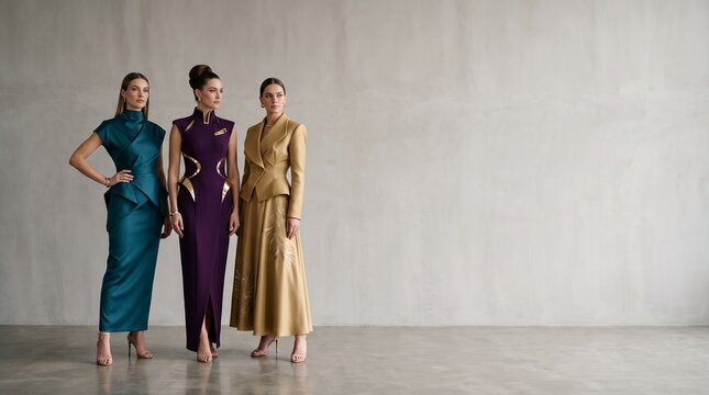 Three elegant women in designer gowns representing the Three Kings' Day tradition with regal attire and symbolic elements
