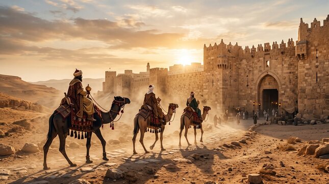 Three Wise Men on Camels Approaching Ancient City Gate at Sunset