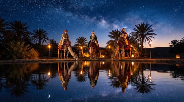 Three Wise Men on camels journeying under a starry desert night sky reflected in water