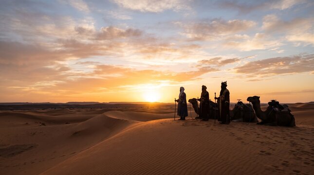 Three Kings on camels in desert at sunset, celebrating Epiphany with a journey towards a star