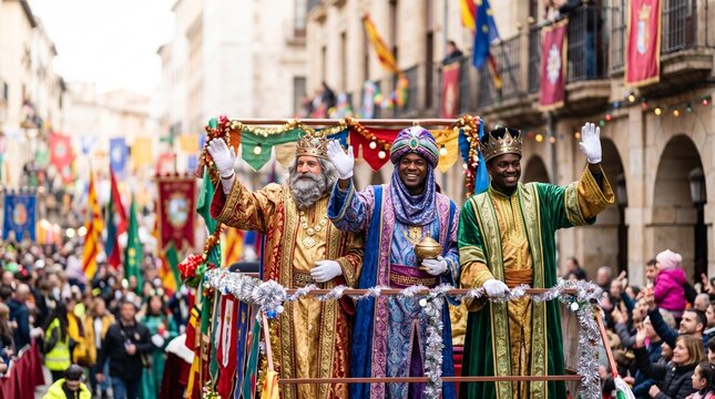 Three Kings Day parade with costumed figures waving to crowds in a festive European town square