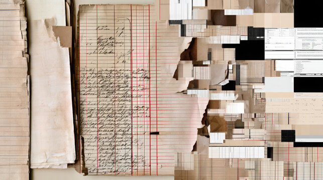 Vintage ledger data fragmenting into a digital glitch collage, representing information loss, data corruption, and the transition from analog records to modern technology issues