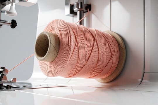 Close up of pink thread spool on white sewing machine. Large bobbin winds yarn for textile craft. DIY sewing process for clothing repair garment making at home. Detail of mechanism in hobby workshop