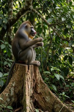 Mandrill monkey sits on tree stump in tropical jungle. Wild primate eats green plant leaf in forest. Close up portrait of exotic animal looking sideways. Rare species lives in natural habitat among