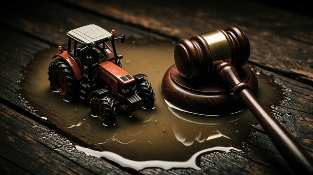 Toy tractor sits near wooden judge gavel on dark wet surface. Miniature farm machine, law hammer symbolize agricultural legal dispute. Concept of farming regulation, food policy, court case regarding